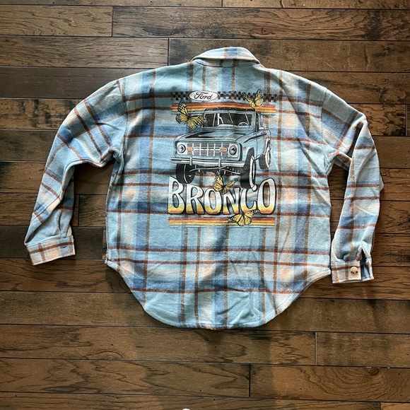 Ford Tops - Ford Bronco Flannel Shirt Jacket Blue Plaid Women's Button Up Shacket Western
